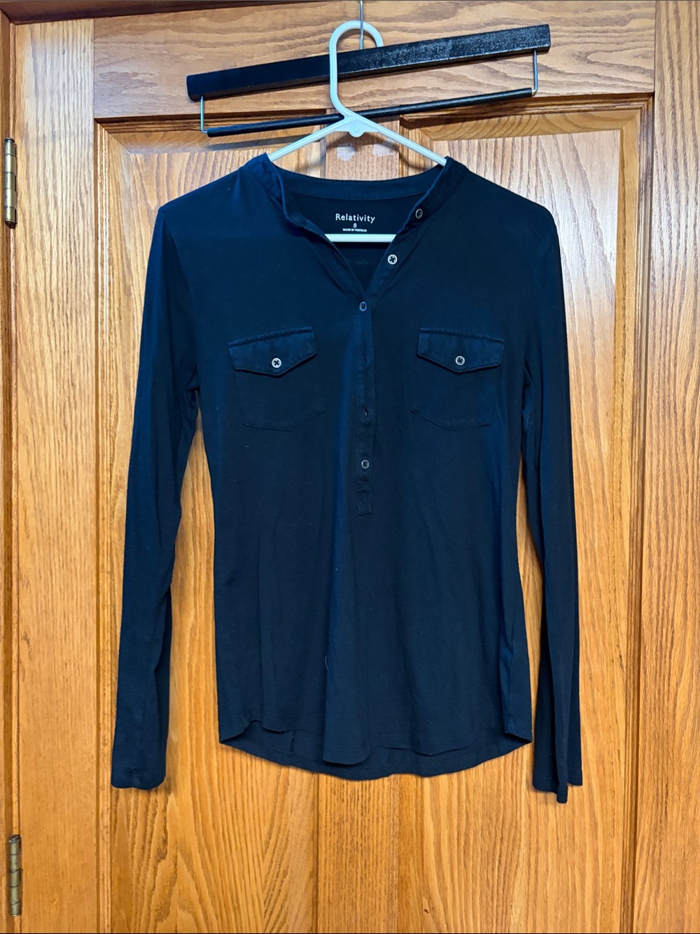 Relativity Black Long-Sleeve Henley with Chest Pockets